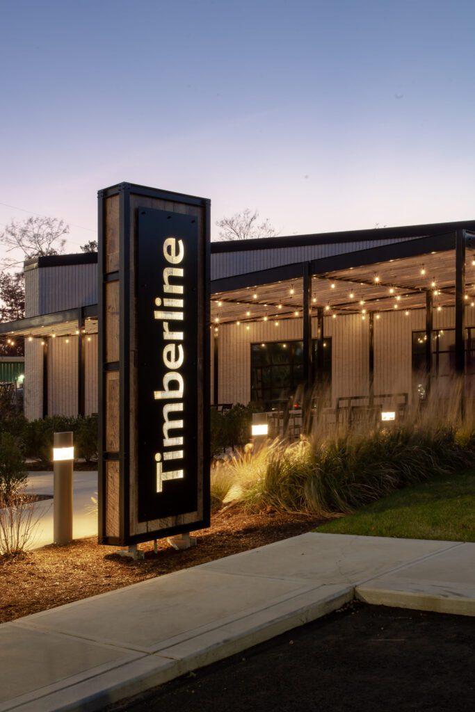 Timberline wood and metal monument sign and building exterior